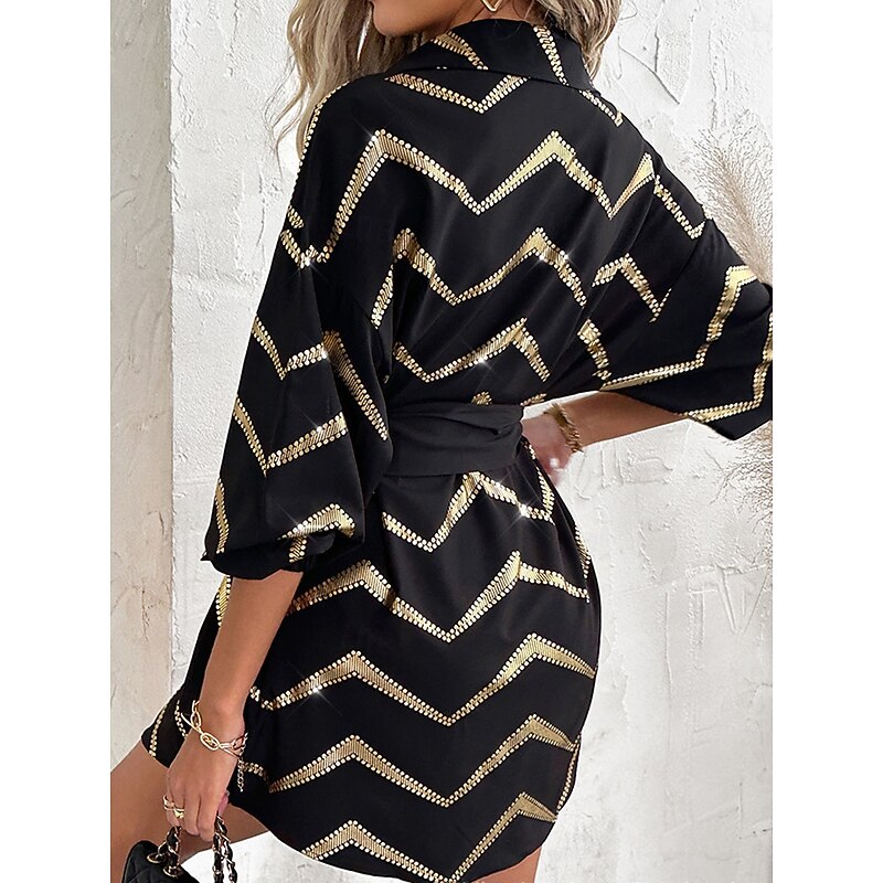 Women's Geometric Sequins Shirt Collar Bishop Sleeves Mini Dress Long Sleeve Spring Fall2