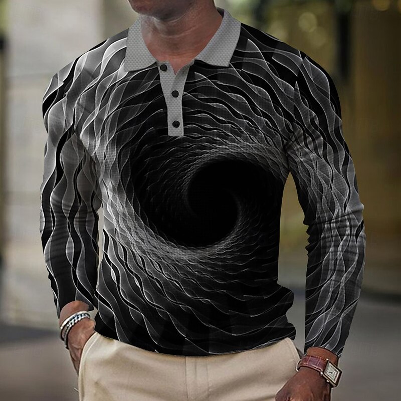 Men's Graphic Waffle Polo Shirts Golf Shirt Long Sleeve Polo Shirts Collared Shirts Vacation Wear Rave Wear Party Outfits Buttons 3D Print Summer Black Blue Purple3