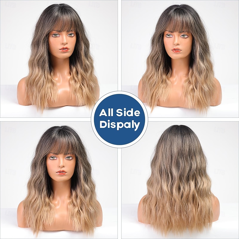 Curly Wigs With Bangs,Dark Root Curly Wigs for Women Heat Resistant Synthetic Wigs Fashion Women3