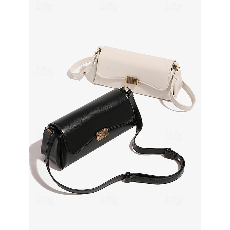 Women's Tote Baguette Bag PU Leather Office Shopping Daily Buckle Large Capacity Durable Solid Color Black White Brown4