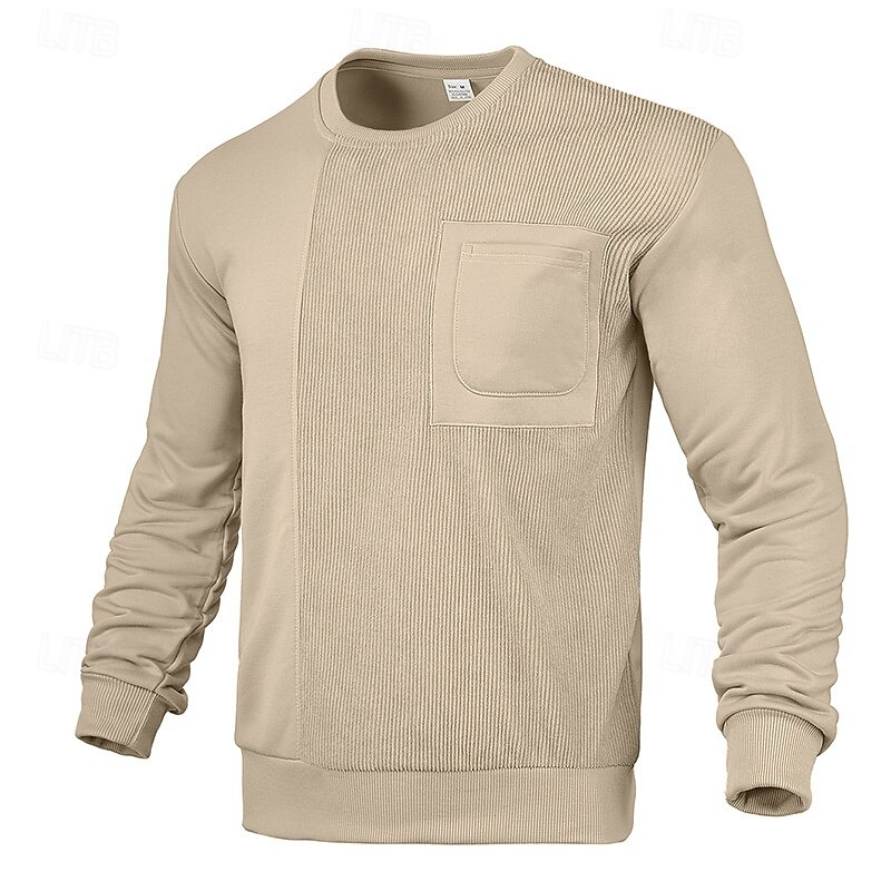 Men's Sweatshirt Black White Khaki Dark Gray Crew Neck Plain Patchwork Ribbed Front Pocket Sports & Outdoor Daily Holiday Polyester Corduroy Streetwear Basic Casual Fall & Winter Clothing Apparel
