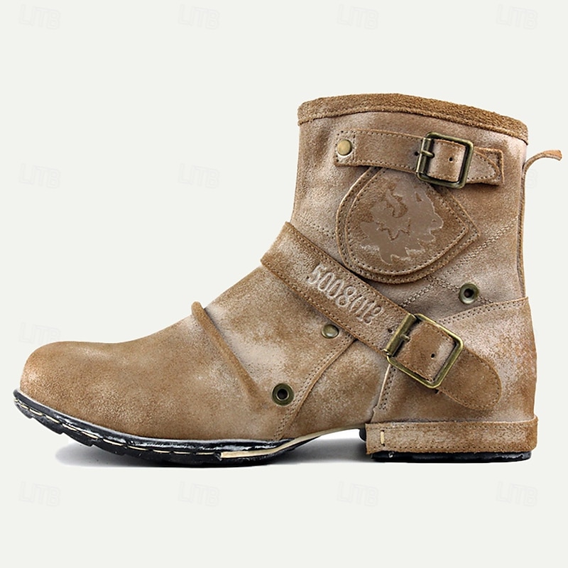 Men's Distressed Suede Leather Motorcycle Boots with Vintage Buckle Straps - Rugged Biker Style3