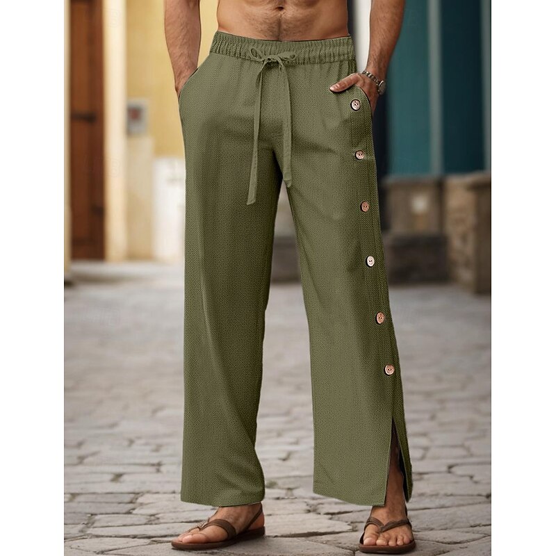 40% Linen Men's Linen Pants Trousers Summer Pants Drawstring Elastic Waist Side Button Plain Comfortable Breathable Vacation Office / Career Daily Classic Casual Black White4
