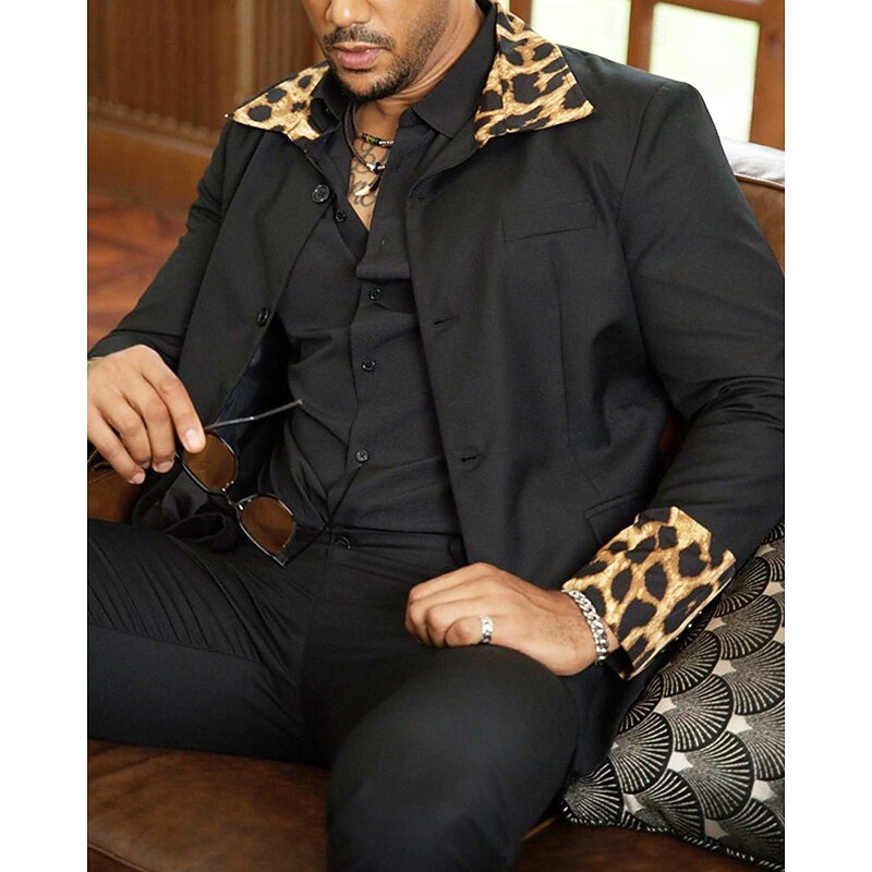 Men's Blazer Business Cocktail Party Wedding Party Fashion Casual Spring &  Fall 65% Cotton Leopard Pocket Buttons Comfortable Single Breasted Blazer Black4