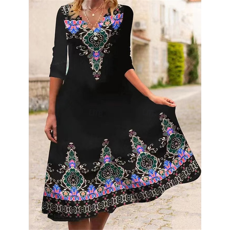 Women's Midi Dress Casual Dress Swing Dress A Line Dress Boho Dress Casual Vacation Daily Regular Fit Floral Leaf 3/4 Length Sleeve Split Neck Pink Blue Purple Fall
