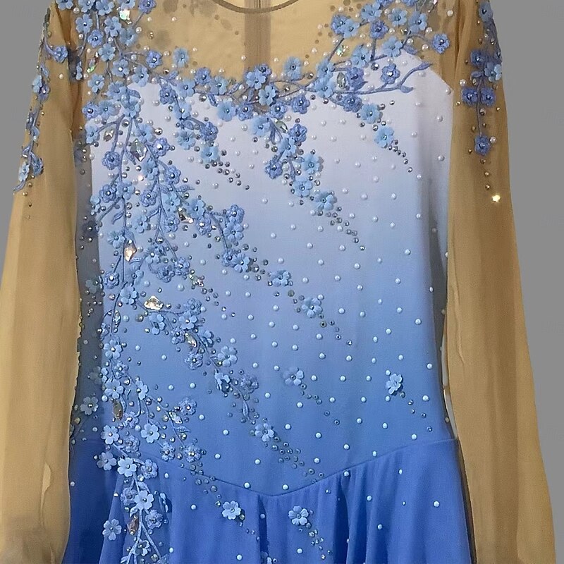 Figure Skating Dress Women's Girls' Ice Skating Dress Blue Patchwork Thumbhole Mesh Spandex Stretchy Training Practice Professional Skating Wear Thermal Warm Classic Crystal / Rhinestone Long Sleeve3