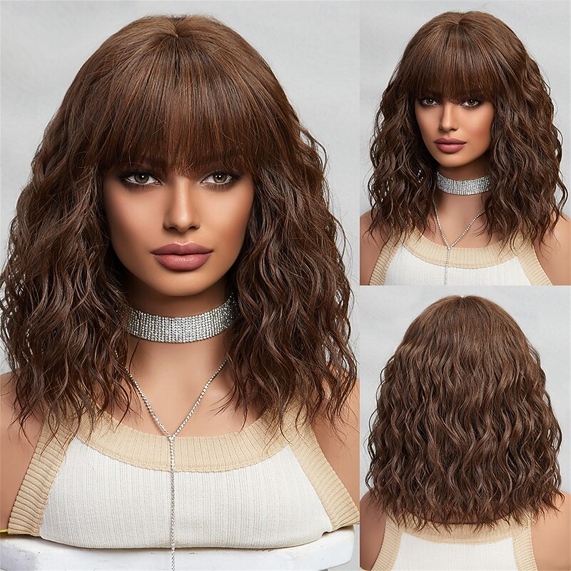 Cosplay Costume Wig Curly Bouncy Curl Bob Neat Bang With Bangs Wig 14 inch sepia Synthetic Hair Women's Elastic Adorable Comfortable Brown
