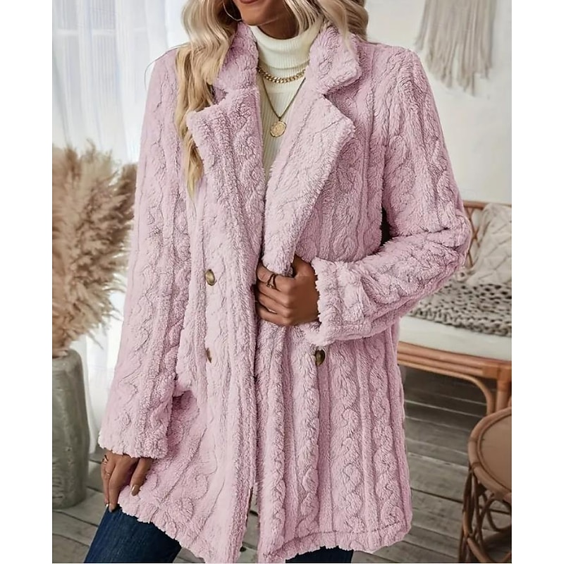 Women's Coat Outdoor Street Daily Wear Fall Winter Regular Coat Regular Fit Thermal Warm Breathable Stylish Casual Jacket Long Sleeve Solid Color with Pockets White Pink3