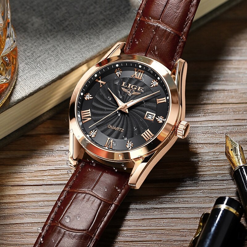 LIGE Men Quartz Watch Business Calendar Waterproof Leather Strap Watch2