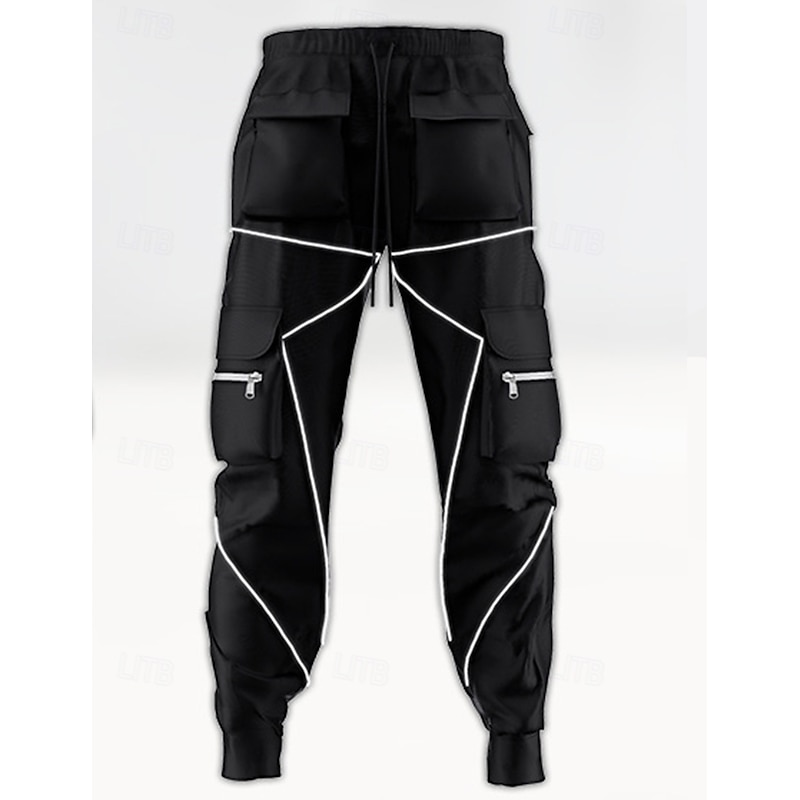 Men's Cargo Pants Trousers Casual Pants Drawstring Multi Pocket Reflective Strip Plain Comfort Soft Full Length Outdoor Daily Going out Fashion Streetwear Black White Micro-elastic3