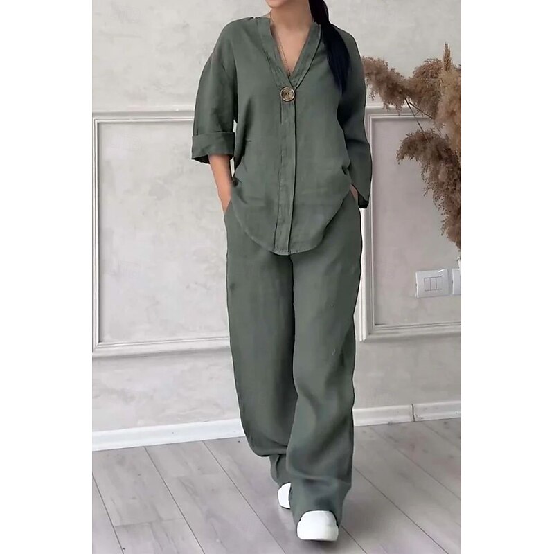 Women's Sets Pure Color Casual Comfort Home Daily Breathable Shirt Pant Summer Spring Home Outfits3