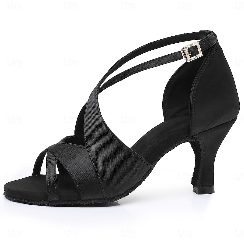 Women's Black Satin Cross-Strap Ballroom Dance Shoes with Open Toe, Perfect Heels for Latin and Salsa Dancing2
