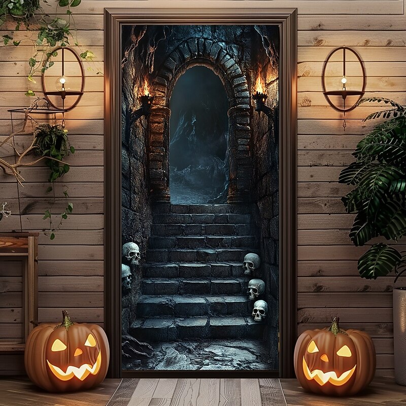 Halloween Door Decorations Halloween Door Covers Creepy Gloomy Door Tapestry Door Curtain Decoration Backdrop Door Banner for Front Door Farmhouse Holiday Party Indoor Outdoor Decor Supplies