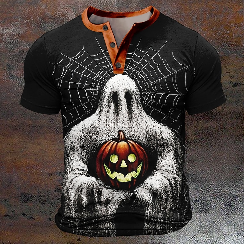 Halloween Men's Pumpkin Reaper Boo T Shirt Henley Shirt Short Sleeve T shirt 3D Print Henley Shirt Designer Retro Vintage Street Casual Daily Black Summer Spring Clothing Apparel S M L XL XXL XXXL