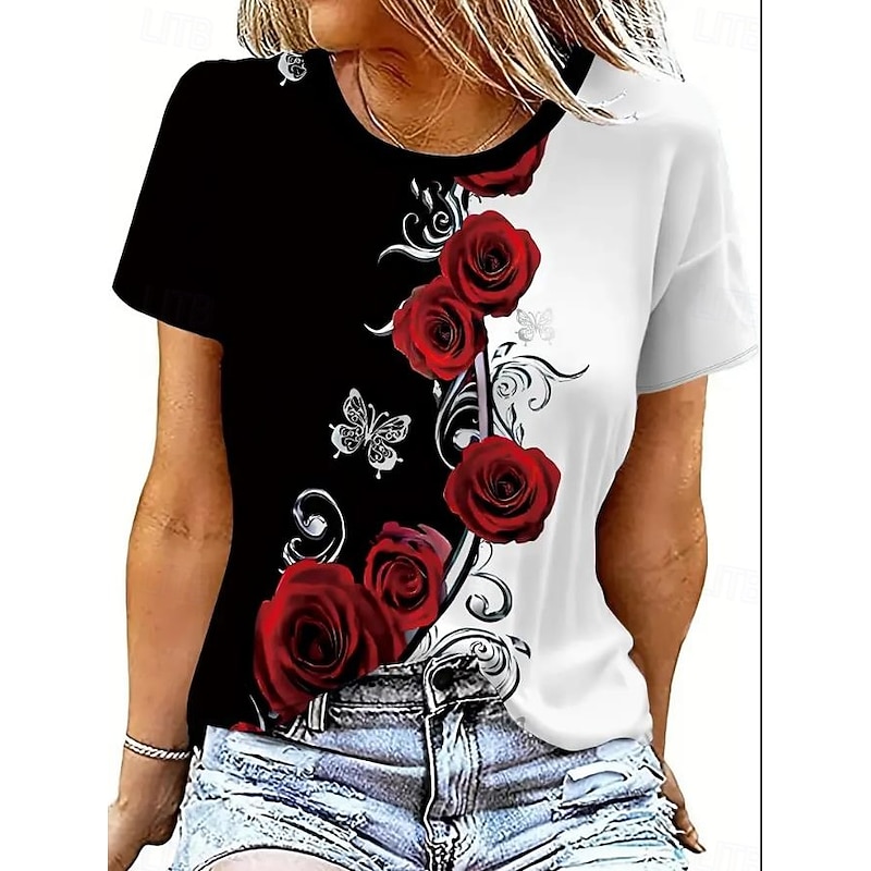 Women's T Shirt Casual Floral Print Short Sleeve Regular Tops Round Neck Daily Black and White Summer3