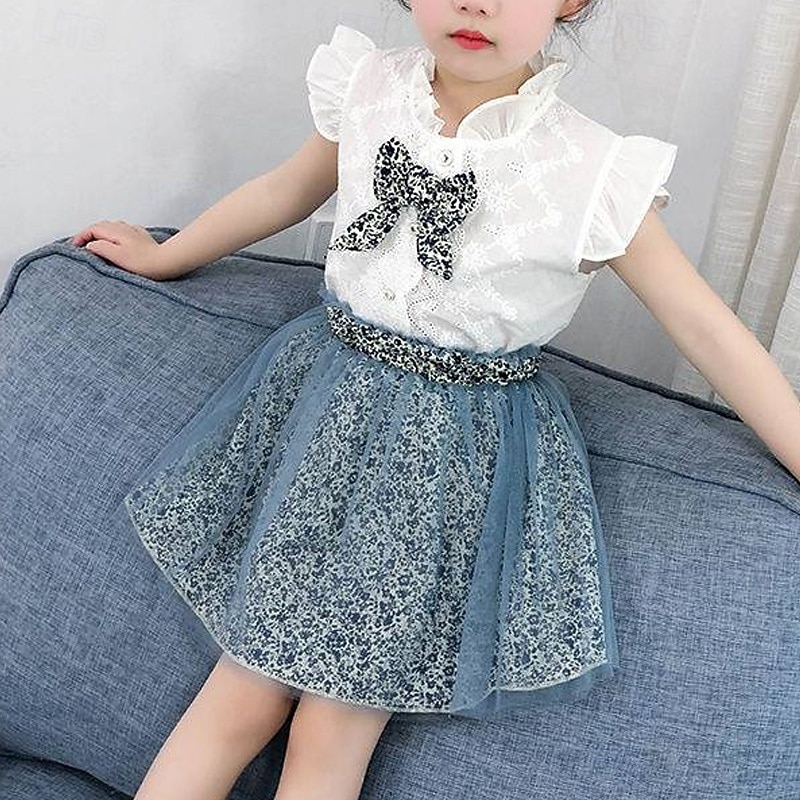 Girls' 3D Flower Dress Dress Set Sleeveless Summer Vacation Daily Holiday Princess Beautiful Sweet Little Kids(4-7ys) 4-7 Years Casual Dress Two Piece Dress Tulle Dress Knee-length Regular Fit4