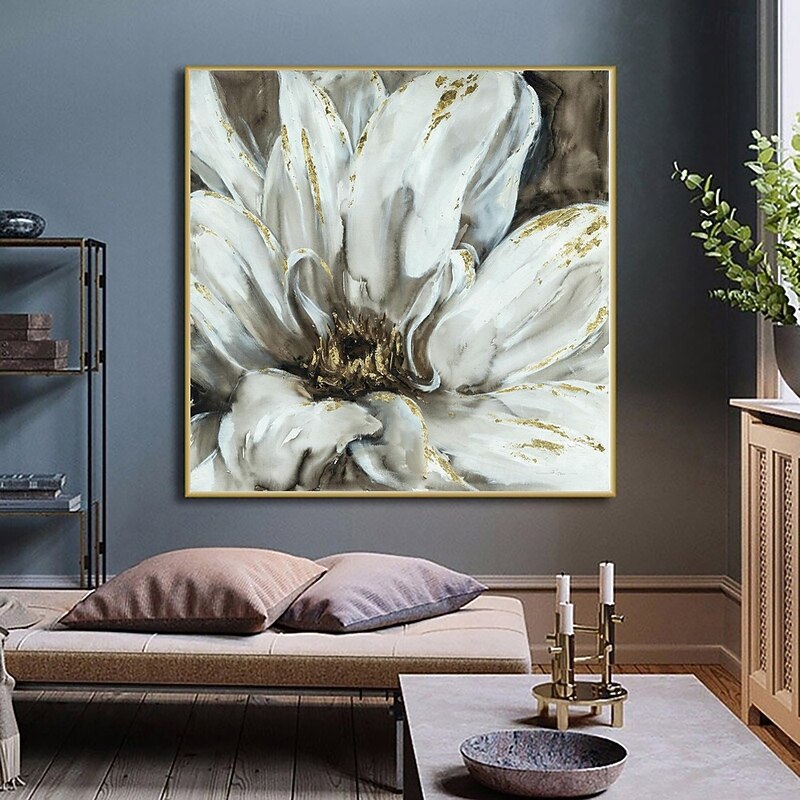 Handmade Oil Painting Canvas Wall Art Decoration Modern Abstract Black and White Gold Big Flower for Home Decor Rolled Frameless Unstretched Painting