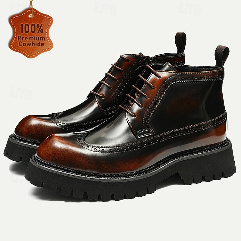 Men's Premium Leather Brogue Combat Boots - 100% Cowhide Lace-Up Ankle Boots with Chunky Sole for Stylish and Rugged Wear