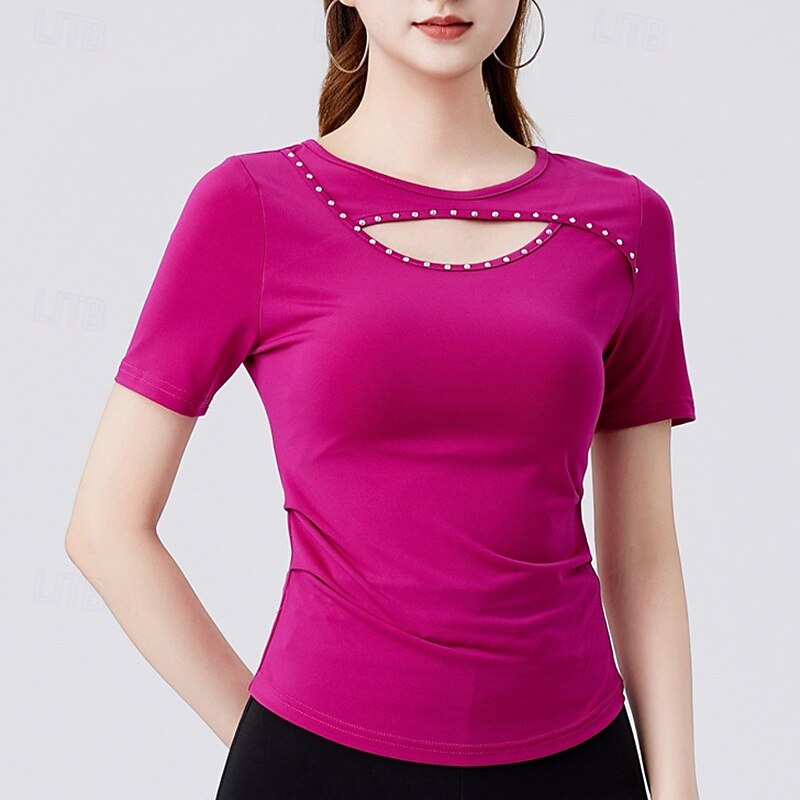 Latin Dance Top Hollow-out Pure Color Splicing Women's Performance Training Short Sleeve High Polyester