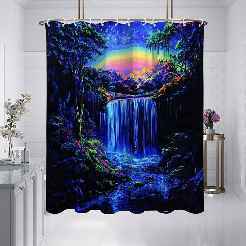 Shower Curtain with Hooks 180cm*180cm(70"*70") Polyester Washable Waterproof Forest Waterfall Pattern Bathroom Bathtub Decor2