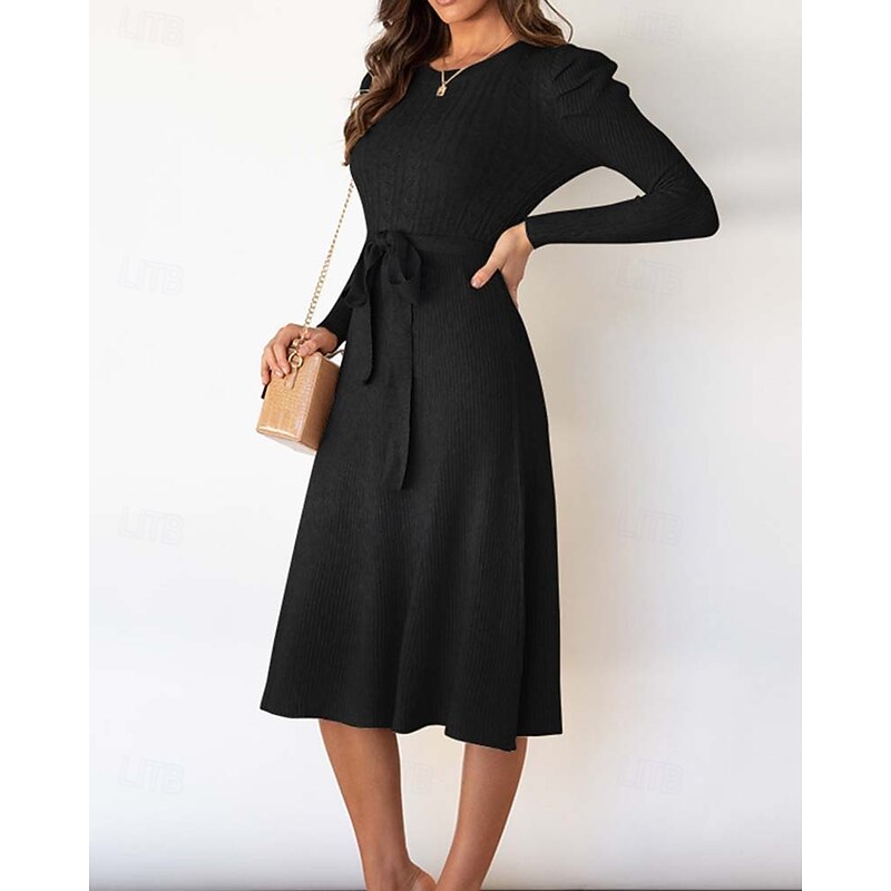 Women's Sweater Dress Fashion Elegant Dress Solid Color Ribbed Crew Neck Knitted Long Sleeve Regular Tops Knit Work Daily Black Green Fall Winter2