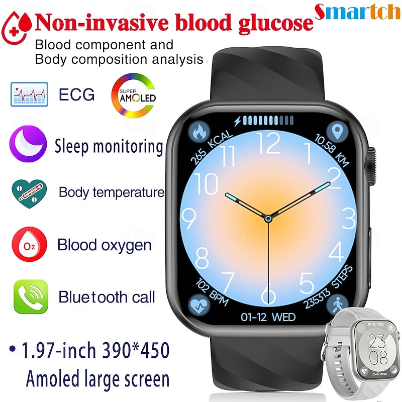 696 MT500 Smart Watch 1.97 inch Smart Band Fitness Bracelet Bluetooth ECG+PPG Temperature Monitoring Pedometer Compatible with Android iOS Men Hands-Free Calls Message Reminder Camera Control IP 674