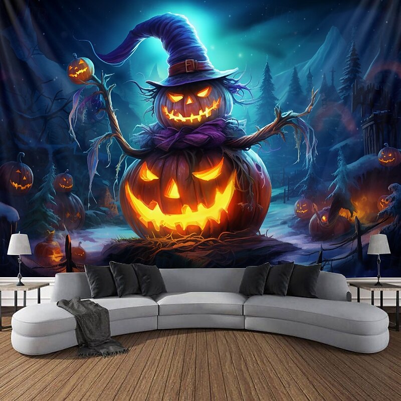 Halloween Decorations Blacklight Tapestry Jack O Lantern UV Reactive Glow in the Dark Glow Party Psychedelic Trippy Misty Hanging Tapestry Wall Art Mural for Living Room Bedroom2