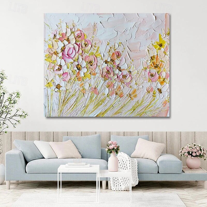 100% handmade 3D White Flowers Painting on canvas Oil Painting Hand painted Abstract Canvas Painting Handmade Flower painting Wall Art Picture for Living Room Bedroom Decor3