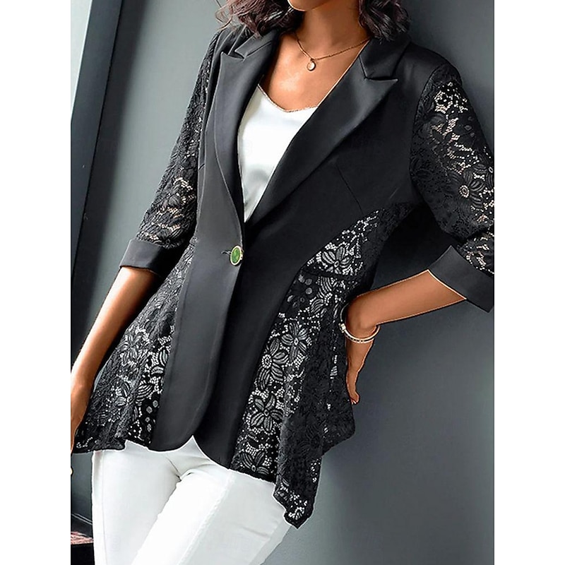 Women's Blazer Formal Patchwork Solid Color Casual / Daily Fashion Regular Fit Outerwear Long Sleeve Spring Black S4