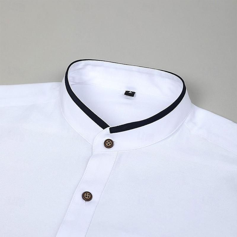 Men's Shirt Band Collar Shirt Dress Shirt Oxford Shirt Button Up Shirt Patchwork Wedding Vacation Light Blue White Navy Blue Gray Long Sleeve Standing Collar Spring & Summer Clothing Apparel Front2