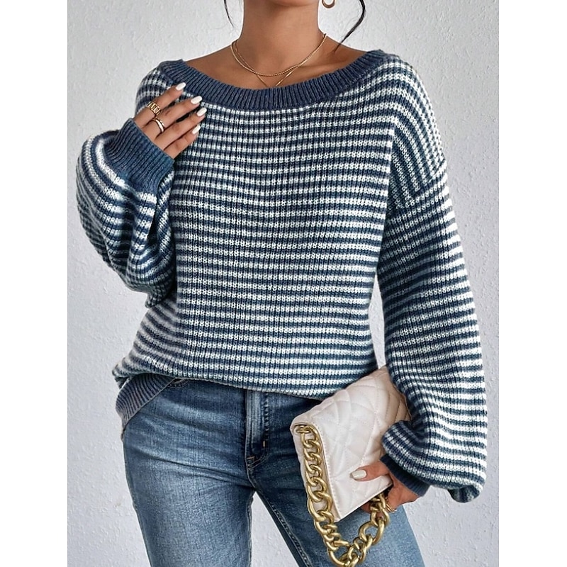 Women's Sweater Stylish Graphic Chunky One Shoulder Boat Neck Off Shoulder Stripe Long Sleeve Long Tops Knit Work Daily Navy Blue Fall Winter