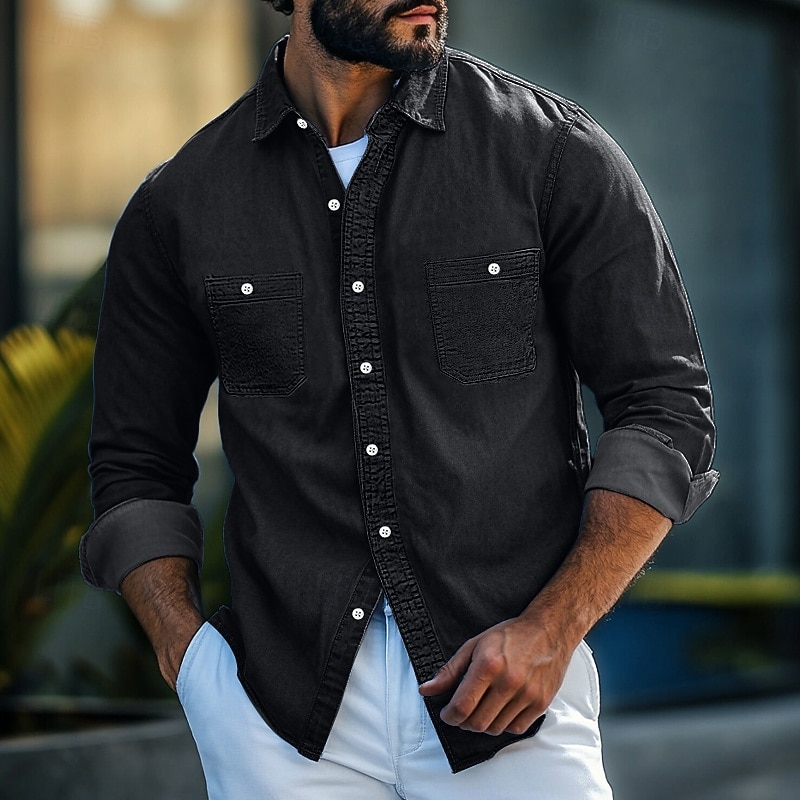 Men's Shirt Chambray Shirt Button Up Shirt Casual Shirt Denim Blue Black Navy Blue Light Blue Long Sleeve Plain Collar Daily Vacation Clothing Apparel Fashion Casual4