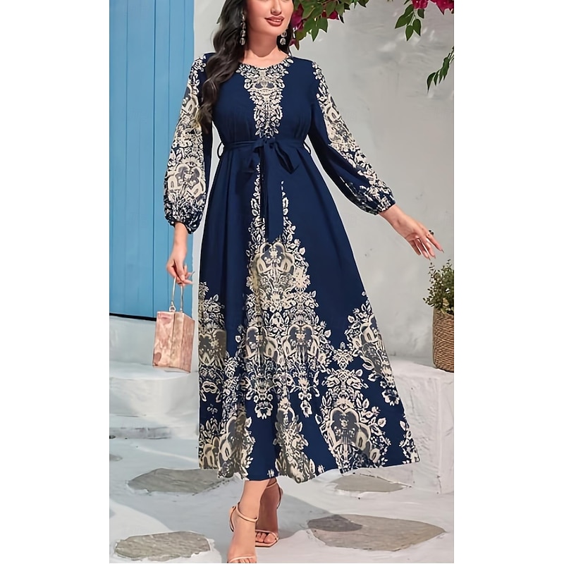 Women's Maxi Dress Vintage Dress Casual Dress Boho Dress Bohemia Vintage Vacation Daily Date Loose Fit Graphic Long Sleeve Crew Neck Blue Spring Fall