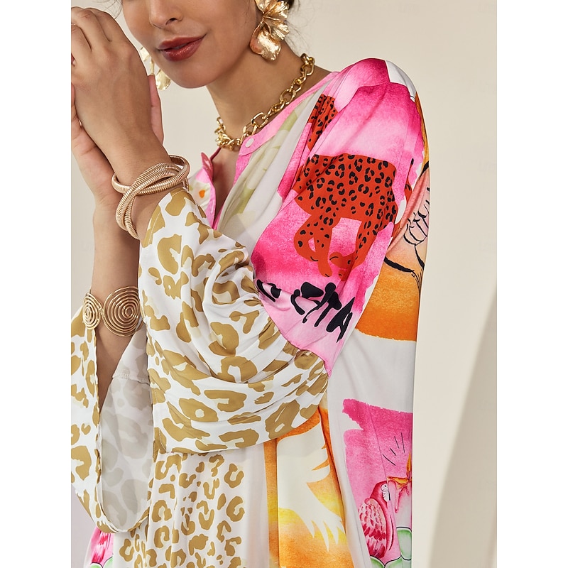 Satin Leopard Print Button Up Crew Neck Casual Daily Maxi Dress2