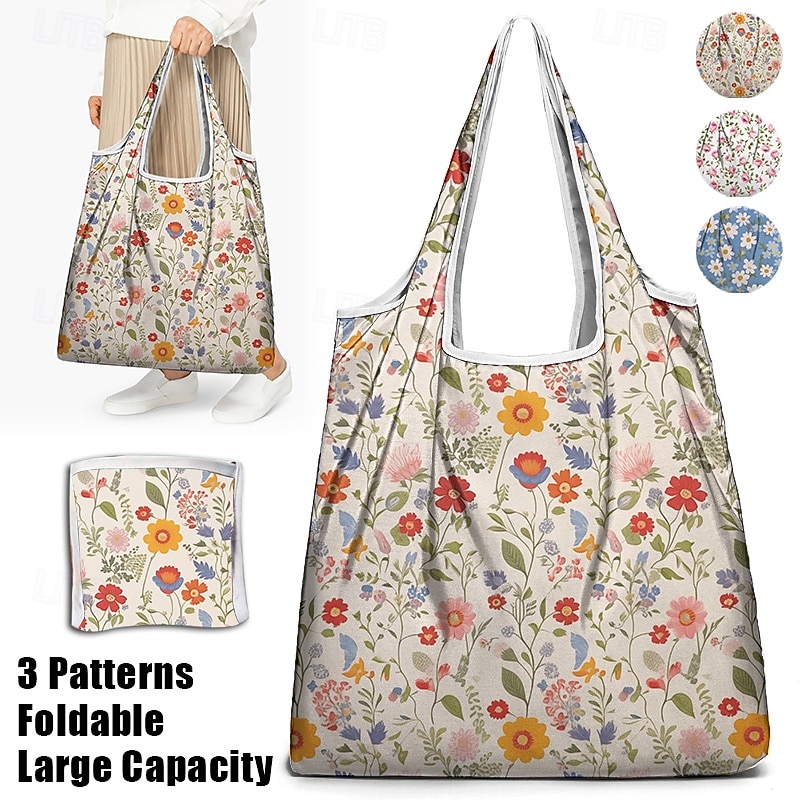 Women's Floral Print Reusable Tote Bag, Eco-Friendly Foldable Shopping Bag for Everyday Use