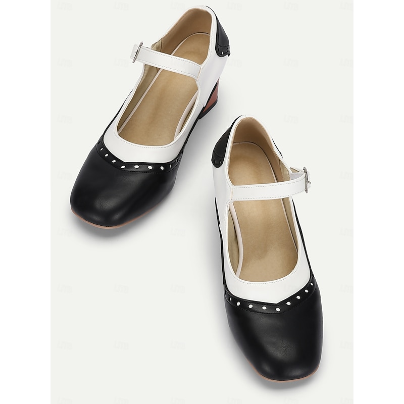 Women's Black and White Mary Jane Block Heel Shoes - Retro Style with Buckle Strap for Vintage-Inspired Outfits4