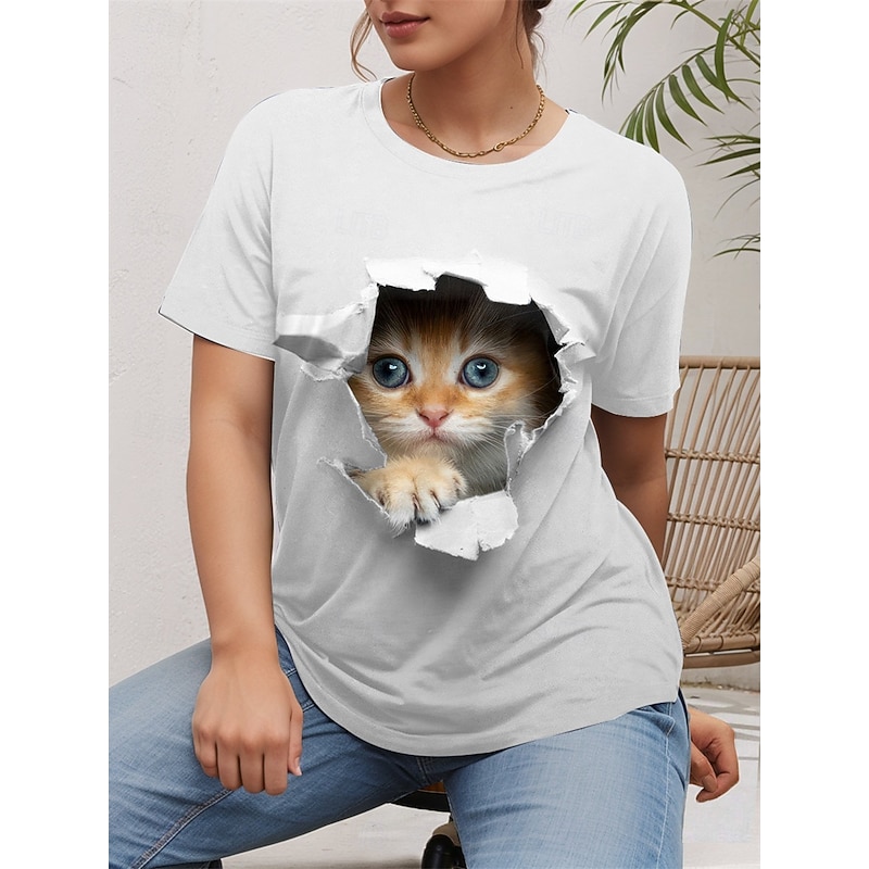 Women's Plus Size Tops T shirt Tee Cat Print Short Sleeve V Neck Casual Daily Summer White Blue4