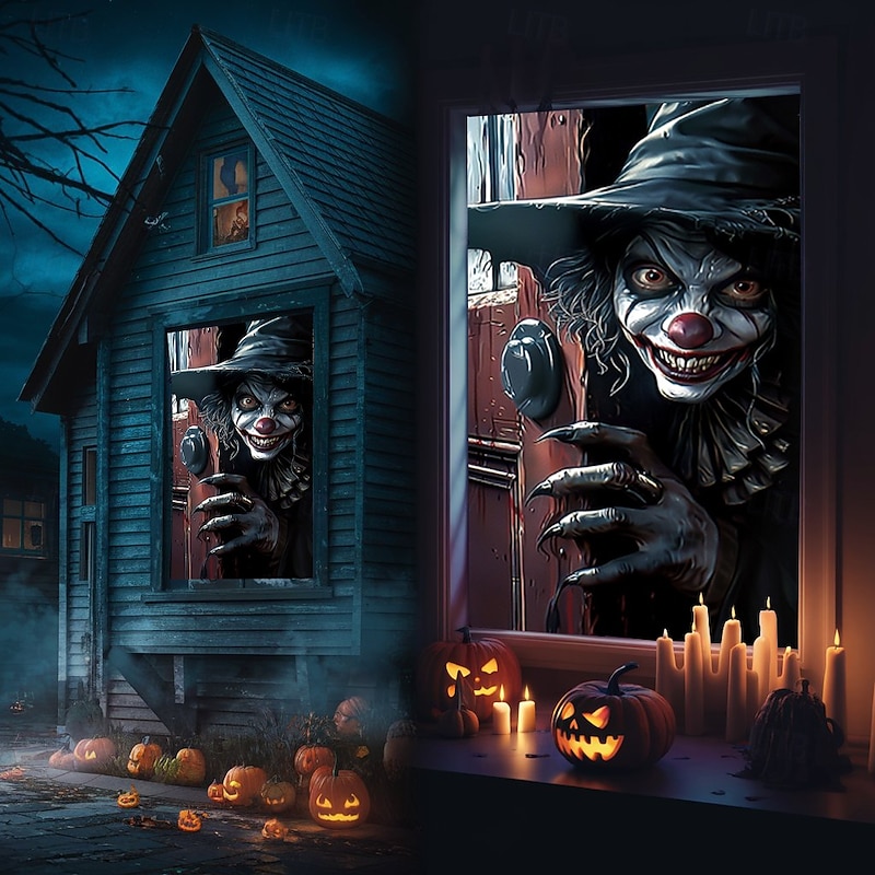 Halloween Window Cover Decorations, Fabric Creepy Halloween Curtain Horror Movie Poster Window Door Covering Decor for Haunted House, Scary Halloween Window Clings Decals Indoor Outdoor4