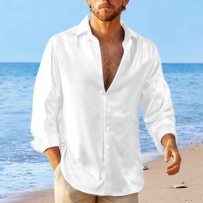 Men's Shirt Satin Shirt Casual Shirt Button Up Shirt Untucked Shirts Black White Blue Red Green Long Sleeve Plain Lapel Vacation Daily Clothing Apparel Cotton Cotton Blend Fashion Casual Comfortable