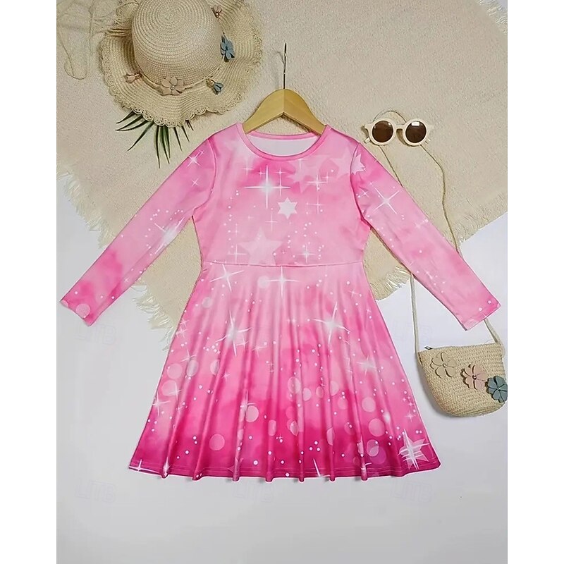 Girls' 3D Graphic Stars Dress Long Sleeve Summer Spring Vacation Daily Holiday Princess Beautiful Sweet Kids 4-12 Years Casual Dress A Line Dress Knee-length Regular Fit2