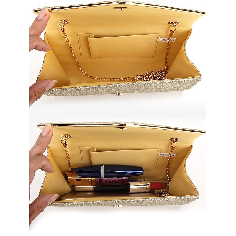 Women's Gold Glitter Envelope Clutch with Chain Strap – Elegant Evening Bag for Weddings and Parties4