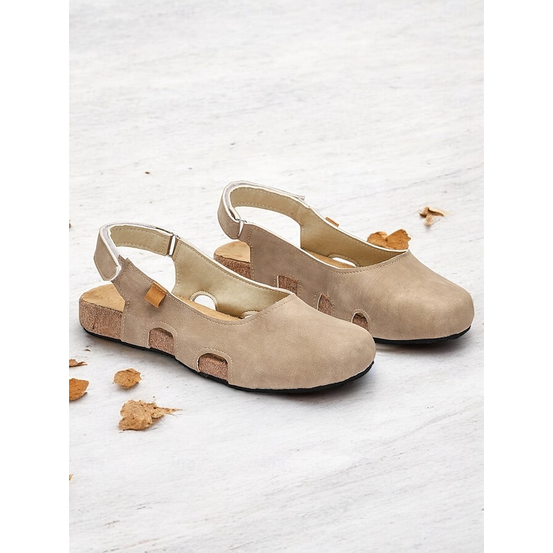 Women's Vintage-Style Beige Suede Slingback Sandals with Cut-Out Design and Cork Sole - Comfortable and Stylish for Summer Wear3