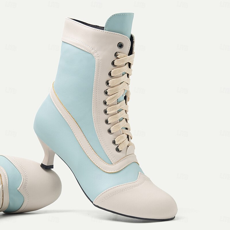 Women's Victorian White and Pink Lace-Up Mid-Heel Boots - Perfect for Vintage Themed Events and Cosplay4