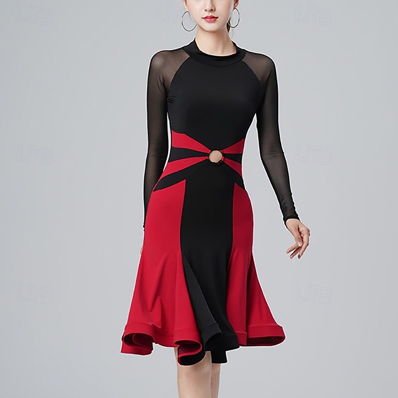 Latin Dance Dress Pure Color Splicing Tulle Women's Performance Training Long Sleeve High Polyester2