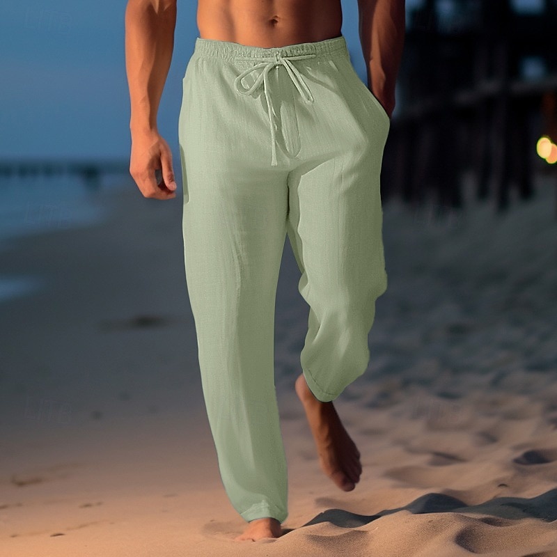 Men's Linen Pants Trousers Summer Pants Beach Pants Drawstring Elastic Waist Straight Leg Plain Comfort Breathable Casual Daily Holiday Fashion Classic Style Light Khaki Black3