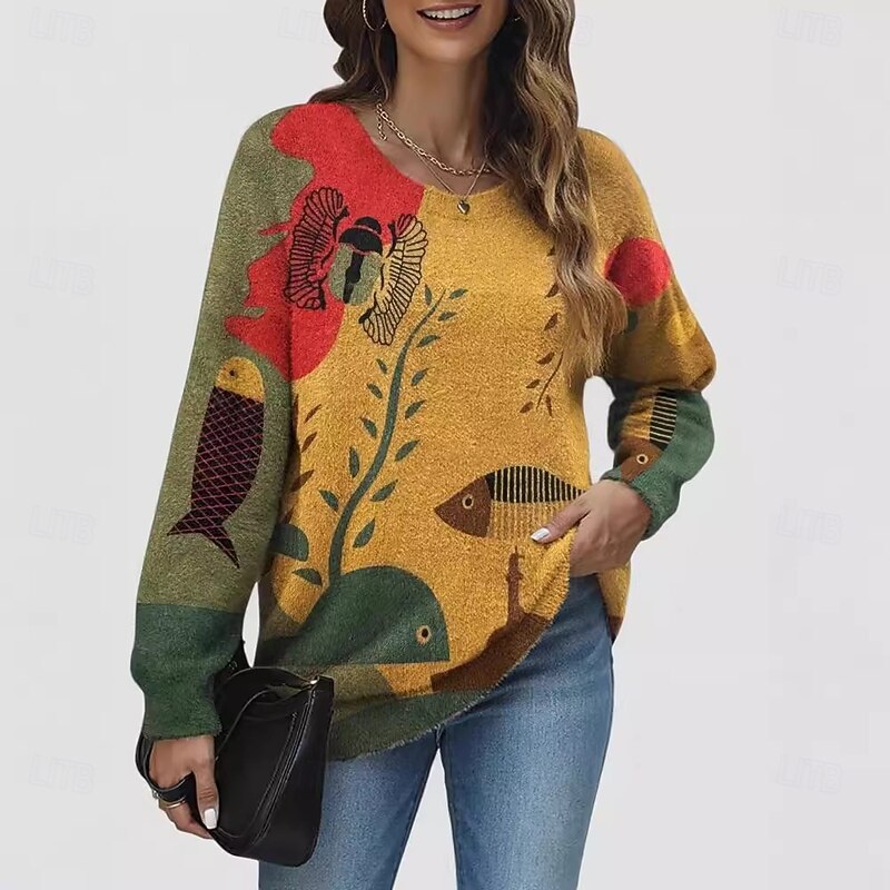 Women's Sweater Cute Streetwear Casual Graphic Animal Crew Neck Knitted Long Sleeve Long Tops Knit Work Yellow Fall Winter4