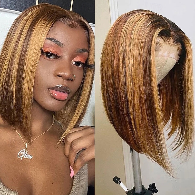 Highlight 13*4*1 P4/27 Remy Hair Short Bob Ombre Human Hair Wigs Blond Wig Straight Bob Wig