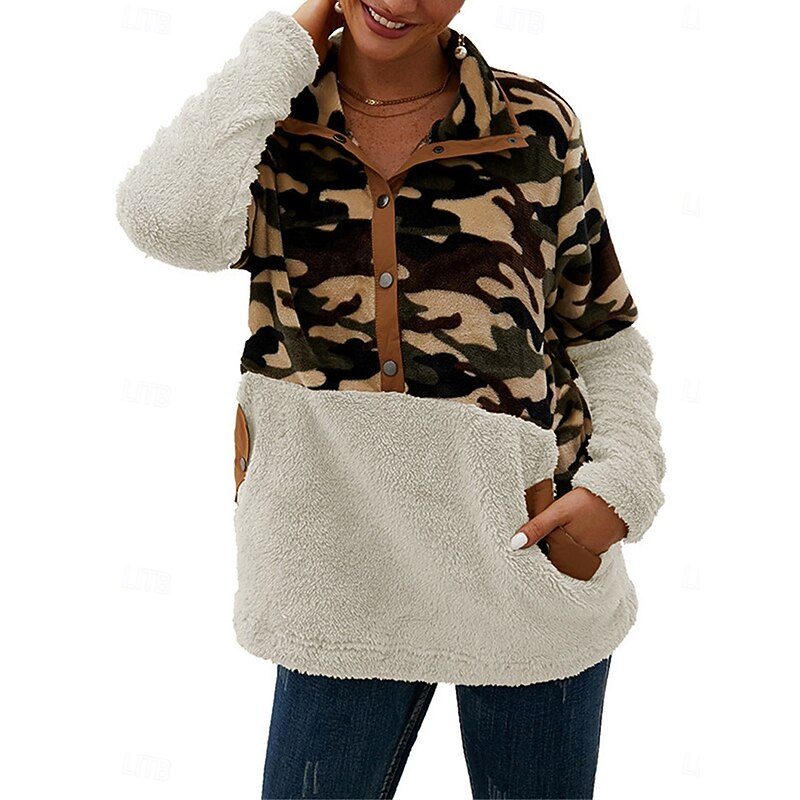 Women's Sweatshirt Casual Camouflage Street Dailywear V Neck Patchwork Buttons Pocket Long Sleeve Beige Gray Fall Winter