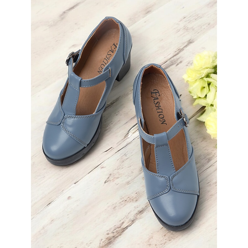 Women's Blue Mary Jane Chunky Heel Shoes - Retro T-Strap Design for Office and Casual Wear2