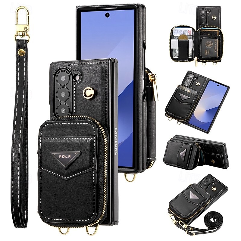 Phone Case For Samsung Galaxy Z Fold 6 Wallet Case with Stand Holder Zipper Full Body Protective Retro Genuine Leather